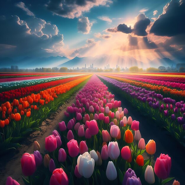 Photo a field of tulips in different colors under a blue sky ai generate