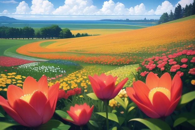 A field of tulips in a field with a lake in the background.