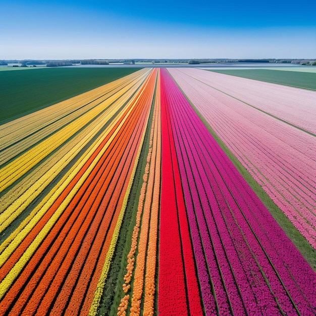 a field of tulips with a blue sky in the background