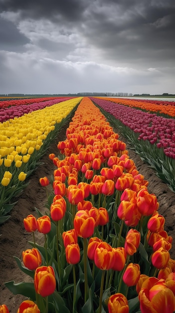 A field of tulips with a cloudy sky in the background.