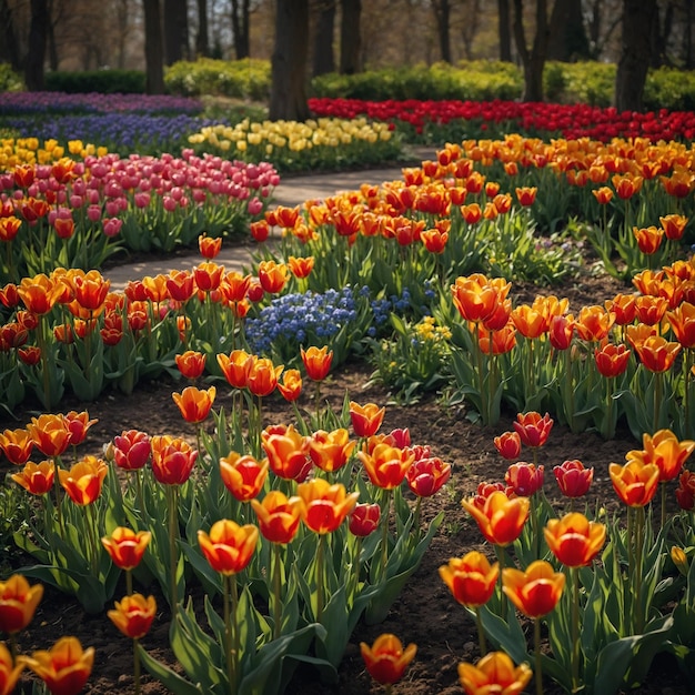 a field of tulips with a lot of purple flowers