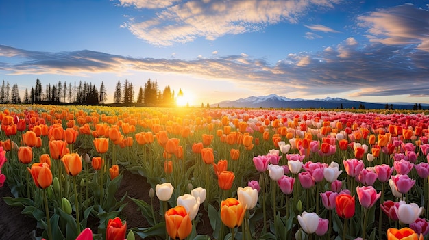 a field of tulips with mountains in the background