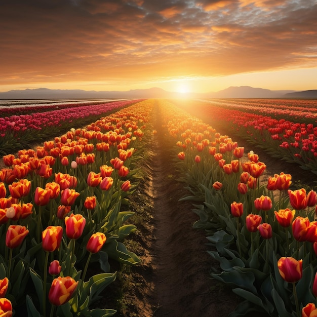 A field of tulips with the sun setting behind it