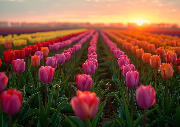 Photo a field of tulips with the sun setting behind them