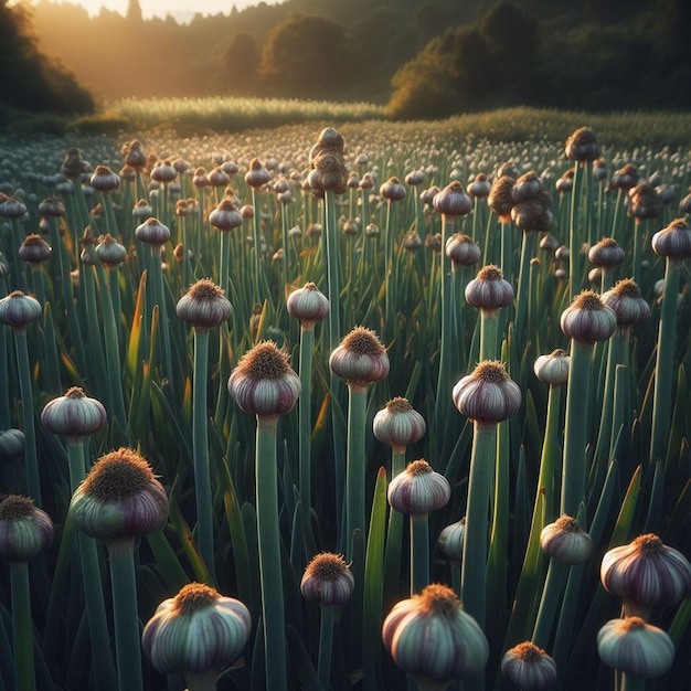 a field of tulips with the sun setting behind them