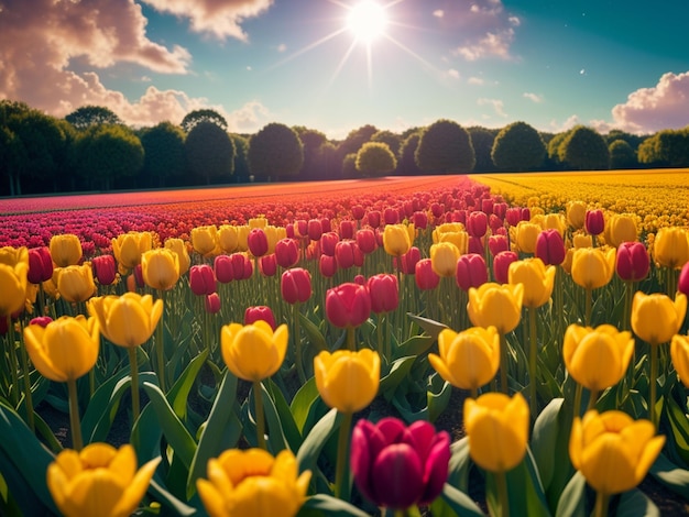 A field of tulips with the sun shining on it