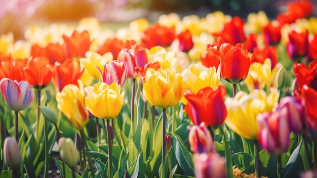 A field of tulips with the sun shining on them.