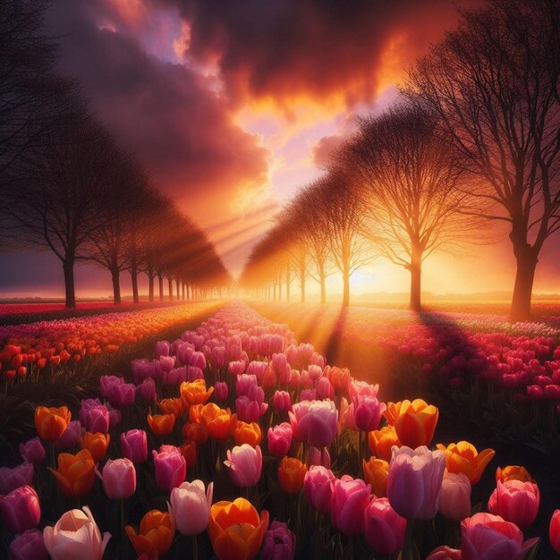 a field of tulips with the sun shining through the clouds