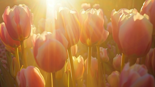 a field of tulips with the sun shining through them