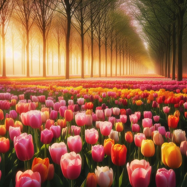 a field of tulips with the sun shining through them