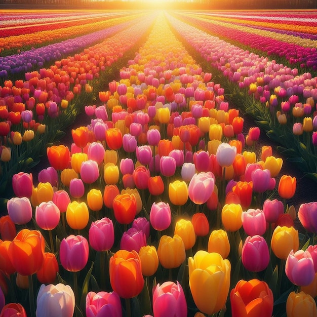 a field of tulips with the sun shining through them