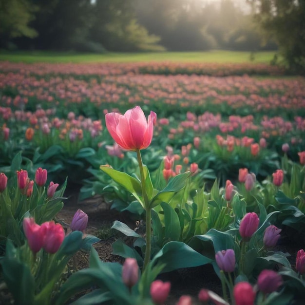 a field of tulips with the sun behind them