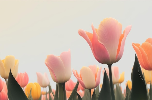 A field of tulips with the word tulips on the bottom right.