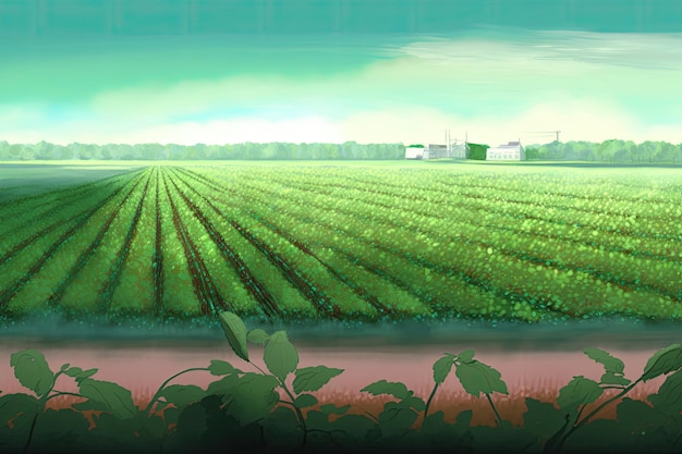 The field was planted with green soybeans which are already growing Theres a soy farm in the background