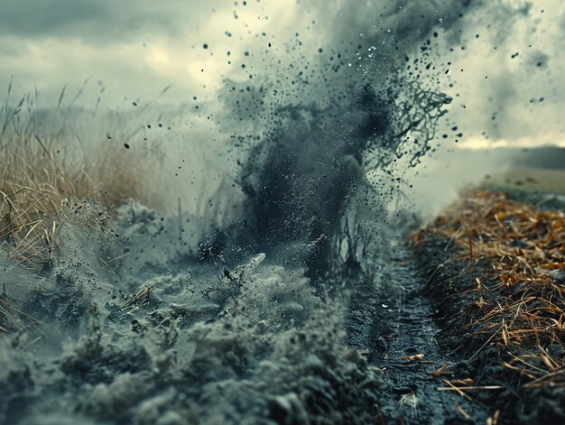 a field of wet grass with a splash of water and a tractor in the background