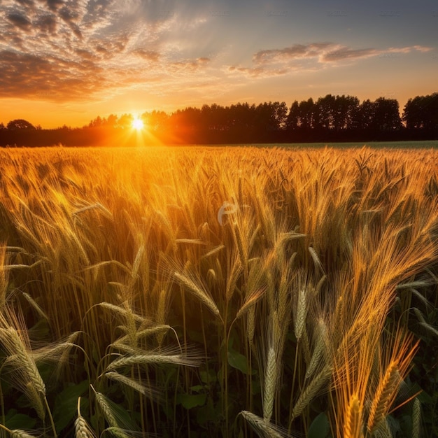 A field of wheat is shown with the sun setting behind it.