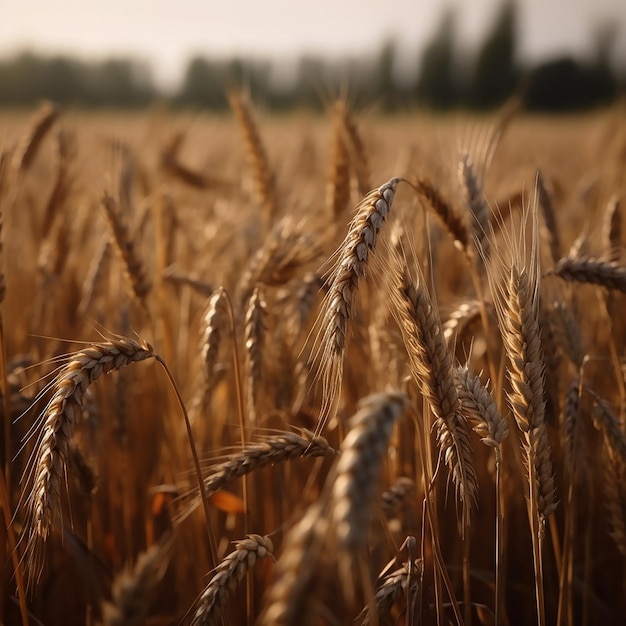 A field of wheat is shown with the sun shining on it.