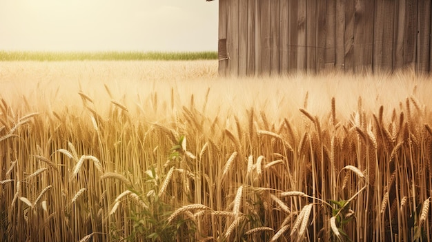 A field of wheat with a barn in the background