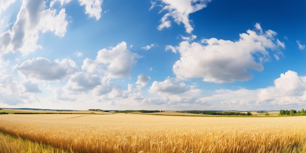 A field of wheat with a blue sky and clouds in the background.