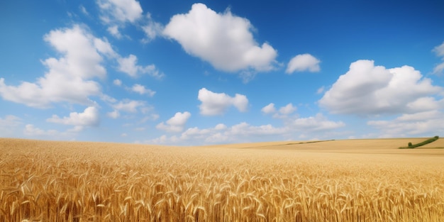 A field of wheat with a blue sky and clouds in the background.