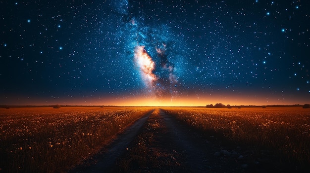 Photo a field of wheat with a bright yellow sky and a dark road