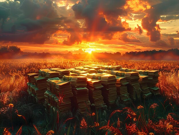 Photo a field of wheat with a stack of books in the foreground