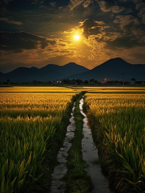 a field of wheat with a stream running through it