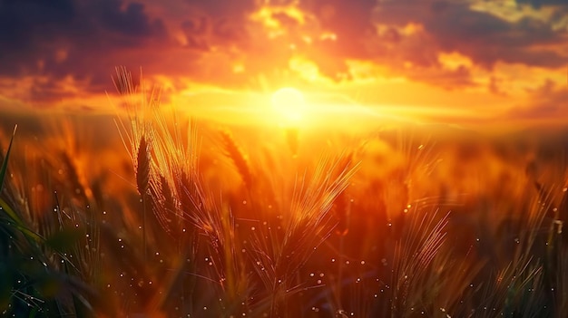 a field of wheat with the sun rising behind it