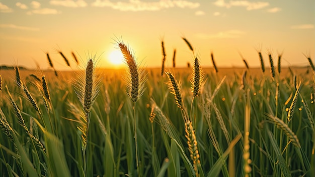 a field of wheat with the sun setting behind it