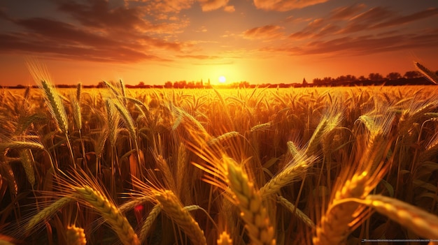 A field of wheat with the sun setting behind it