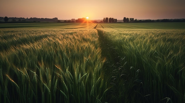 A field of wheat with the sun setting behind it