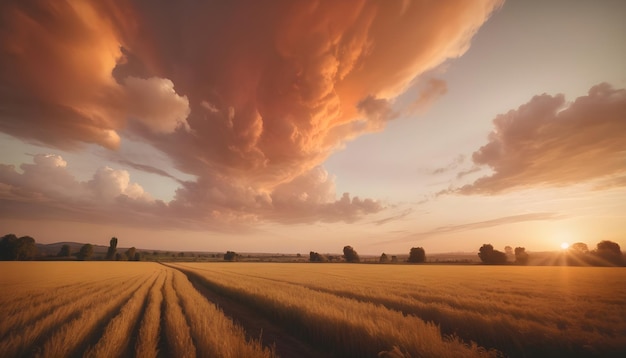 a field of wheat with a sunset in the background