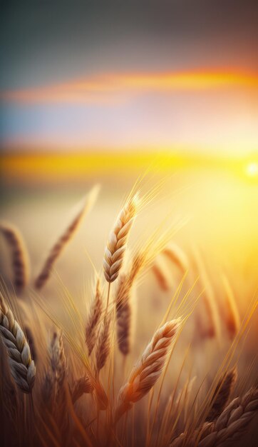 A field of wheat with a sunset in the background