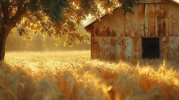 Photo a field of wheat with a tree in the background