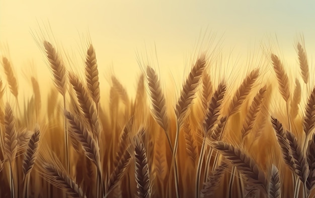 A field of wheat with a yellow sky in the background.