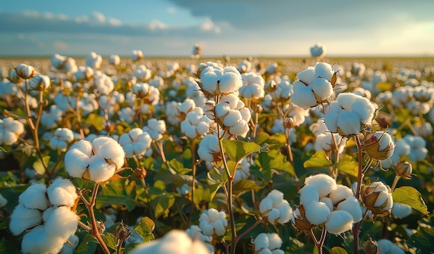 Photo a field of white cotton flowers with the sun shining on them