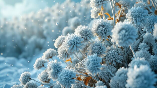 A field of white flowers covered in snow