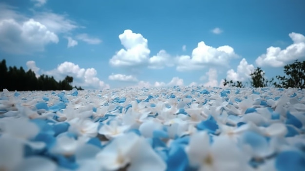 A field of white flowers with blue sky in the background.