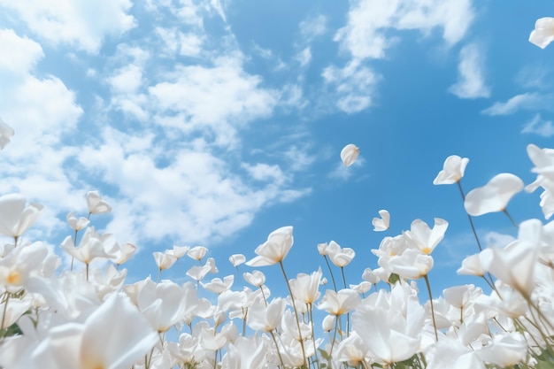 A field of white flowers with the sky in the background