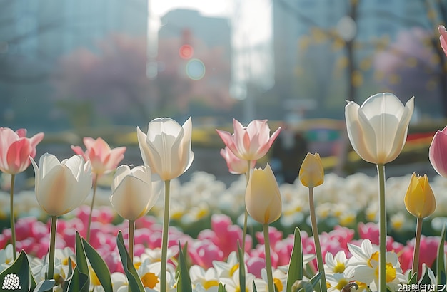 a field of white tulips with the word tulips in the middle