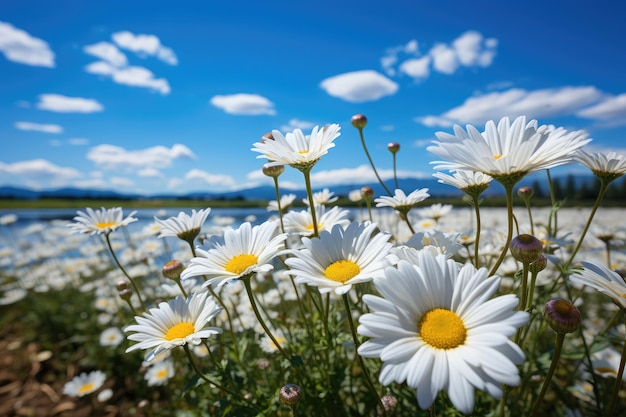 Field of white and yellow daisies under the sun generative IA