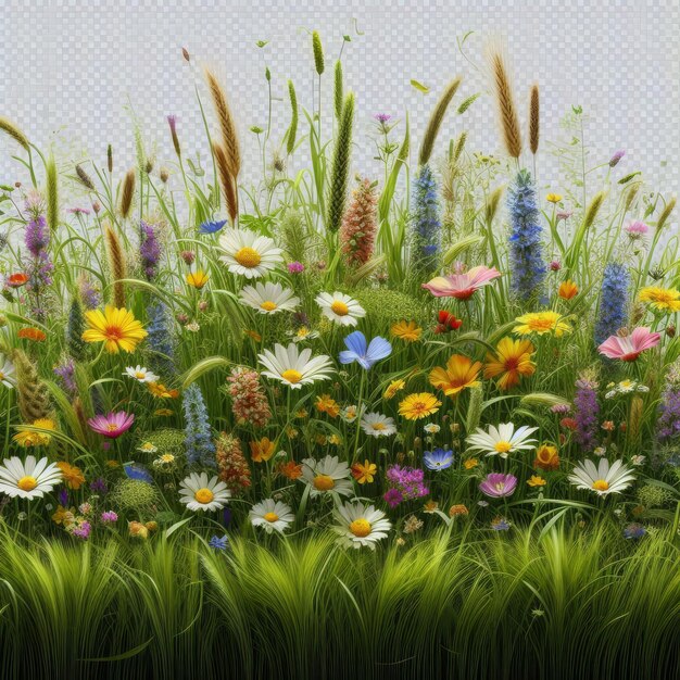 Photo a field of wild flowers and grass with a background of a blue and white background