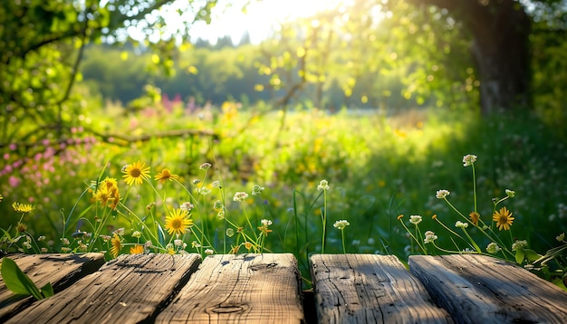 a field of wild flowers in the grass with a sun setting behind them