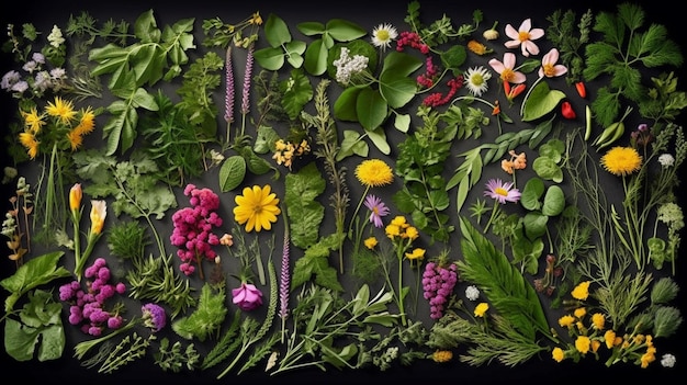 a field of wild flowers with a black background