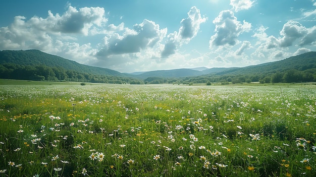 a field of wild flowers with a sky background