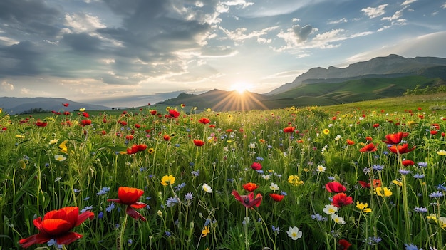 a field of wild flowers with the sun behind it