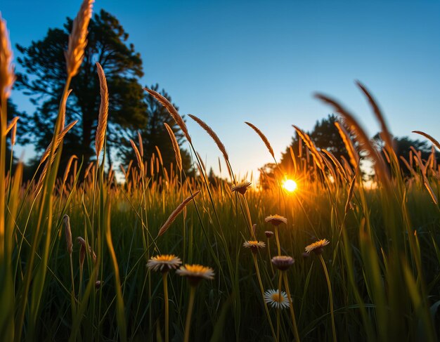 a field of wild flowers with the sun setting behind them