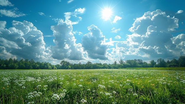 a field of wild flowers with the sun shining through the clouds