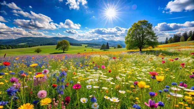 Photo a field of wild flowers with the sun shining on the top