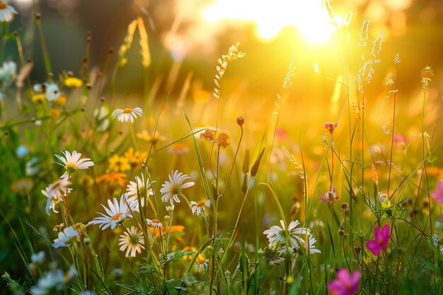 a field of wild flowers with the sun behind them